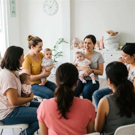 Group of new mothers sharing experiences in a supportive circle