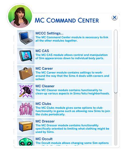Menu contestuale del MC Command Center in The Sims 4