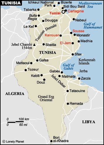 Mappa della Tunisia con indicazione delle principali città mediche