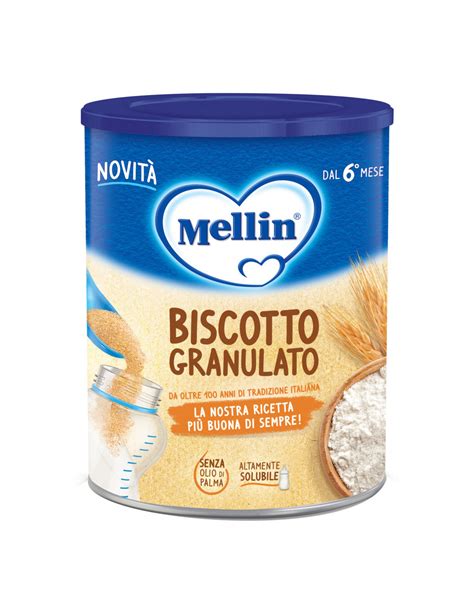 Infografica sui valori nutrizionali del biscotto granulato Mellin, con focus su carboidrati, zuccheri, vitamine e minerali.