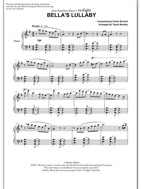A serene image of a piano with sheet music of Bella's Lullaby open on its stand