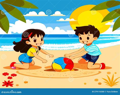 illustrazione solare colorata con bambini che giocano in spiaggia e un castello di sabbia