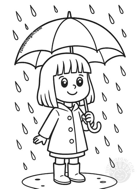 Disegno di una bambina che apre un ombrello colorato con motivi a pois