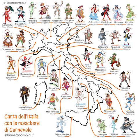 Mappa delle regioni italiane con le rispettive maschere di Carnevale