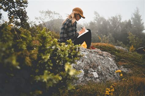 Persona che scrive in un diario con elementi naturali intorno