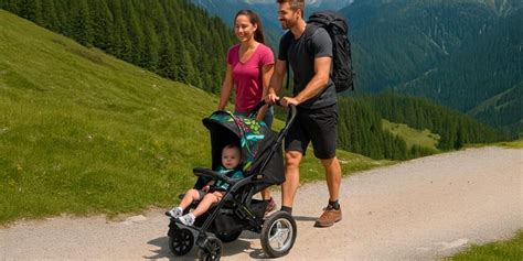 Famiglia con passeggino in montagna