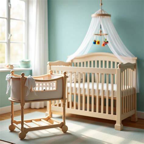 Manutenzione e igiene di una culla per neonati in un ambiente domestico luminoso