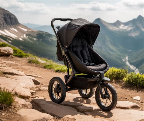 Dettaglio tecnico di un passeggino da trekking con sospensioni rinforzate