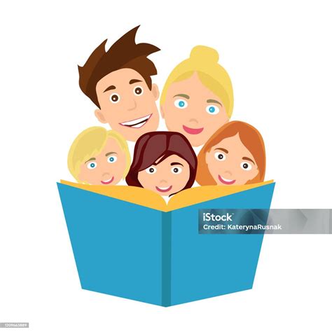 Una famiglia riunita che legge un grande libro illustrato al centro di un salotto accogliente