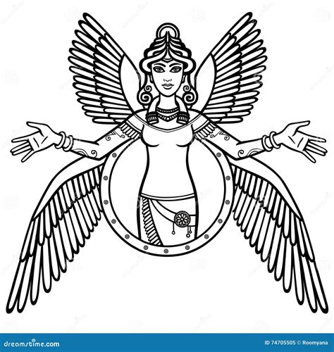 rappresentazione stilizzata della dea Ishtar con armi e ali