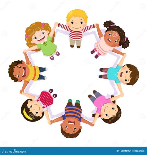 bambini in un cerchio di amicizia che si tengono per mano rappresentando l'unità contro il bullismo