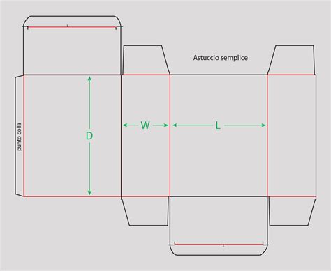 schema tecnico di un template di packaging con linee di fustellatura e cordonatura