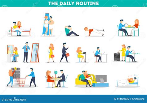 illustrazione concettuale della routine quotidiana con icone che rappresentano sveglia, colazione e lavoro