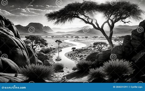 Rappresentazione artistica di un antico paesaggio africano con bacini lacustri e savana