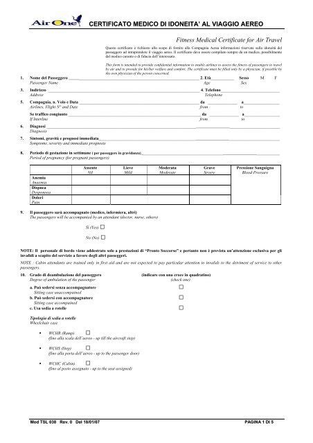 Esempio di modulo medico per il trasporto aereo
