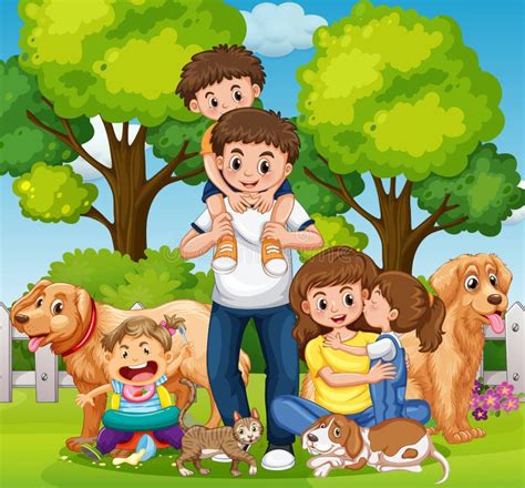 Illustrazione di una famiglia con animali domestici in una casa vacanze