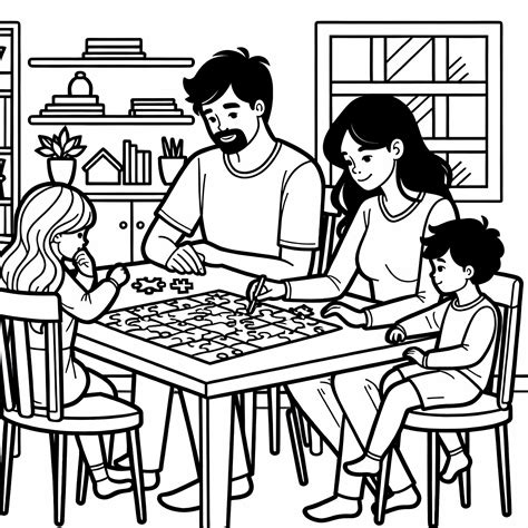 Famiglia che completa insieme un grande puzzle sul tavolo del soggiorno