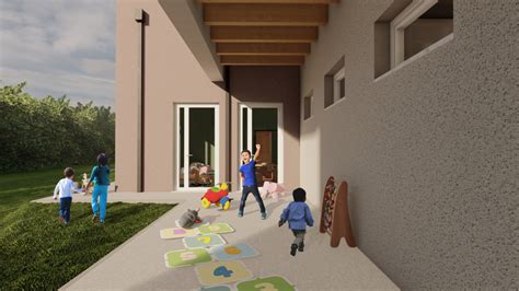 vista 3D di un'area cambio integrata in un asilo nido