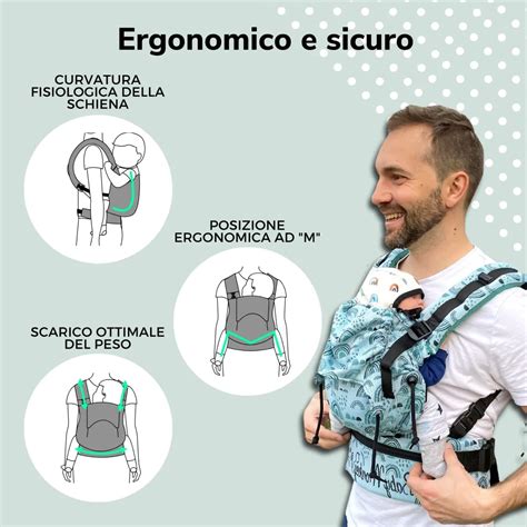 Papà che indossa un marsupio ergonomico durante una passeggiata in montagna