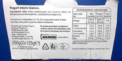 Etichetta nutrizionale dello yogurt
