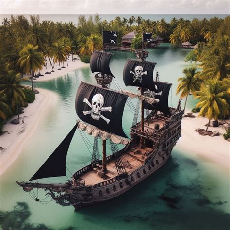 Nave pirata con bandiera Jolly Roger al tramonto