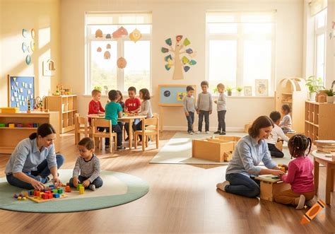 A group of children playing joyfully in a bright, modern kindergarten classroom with educational toys