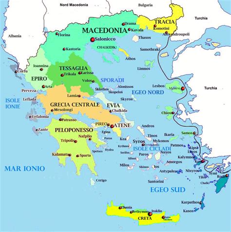 Mappa della Grecia con evidenziate le principali città con cliniche per la fertilità
