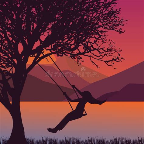 Illustrazione di un'altalena al tramonto con figure stilizzate