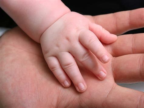 Mani di un neonato che stringono un dito adulto