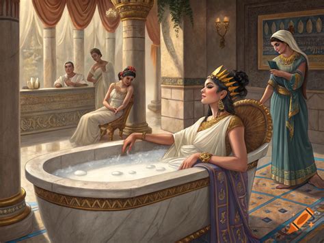 Ritratto artistico di Cleopatra che si immerge in un bagno di latte d'asina in un'ambientazione antica
