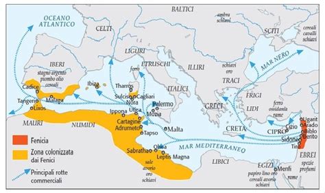 Mappa delle principali città fenicie e rotte commerciali