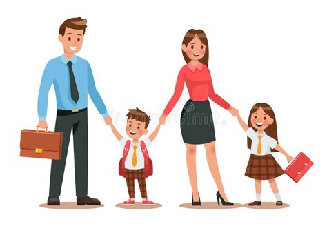 Famiglia con bambini che vanno a scuola e genitori sorridenti