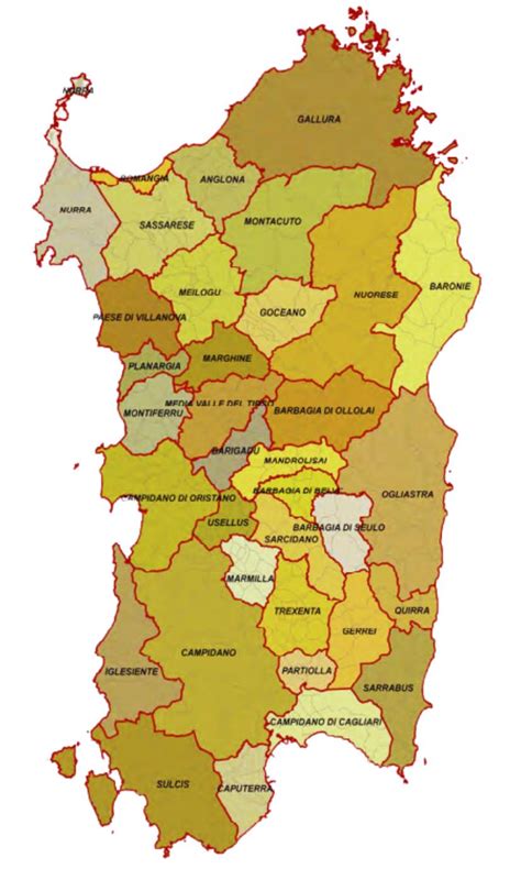 Mappa della Sardegna con evidenziate le diverse aree dialettali