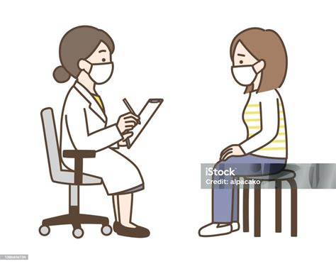 Illustrazione di una dottoressa che parla con una paziente in un ambiente clinico moderno.