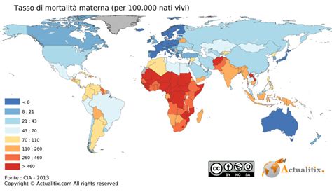 Grafico comparativo dei tassi di mortalità materna da aborti non sicuri in paesi con diverse legislazioni sull'aborto