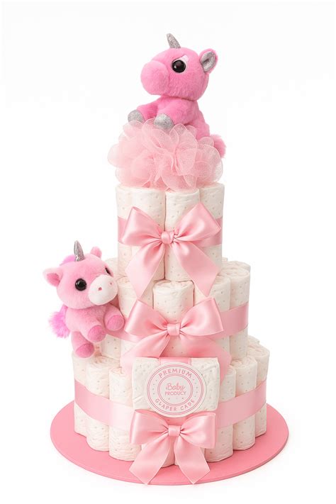 Torta di pannolini decorata con fiocchi rosa e accessori per bambina