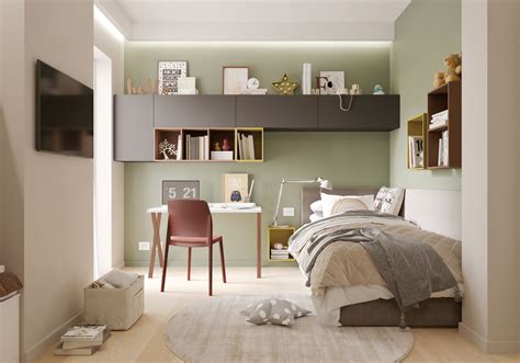 Rendering di una cameretta moderna con arredi multifunzionali e salvaspazio in legno chiaro