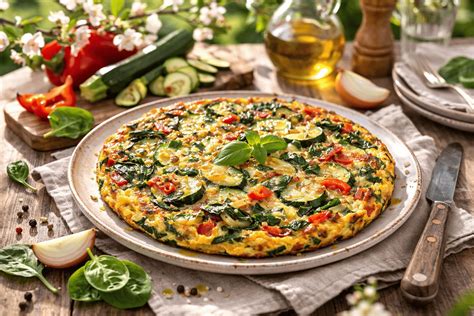 Una frittata ben cotta con verdure fresche servita in un piatto