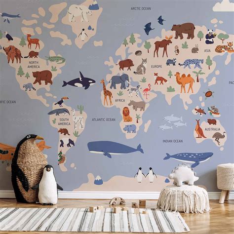 Carta da parati panoramica con mappa del mondo per una cameretta educativa