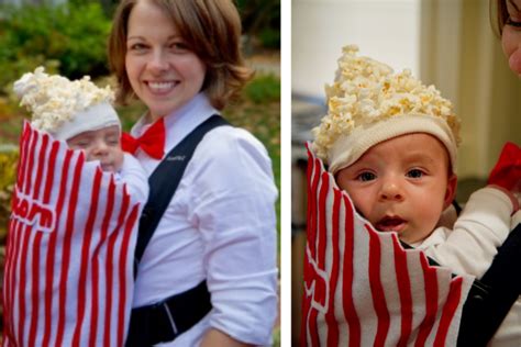 neonato travestito da sacchetto di pop-corn nel marsupio
