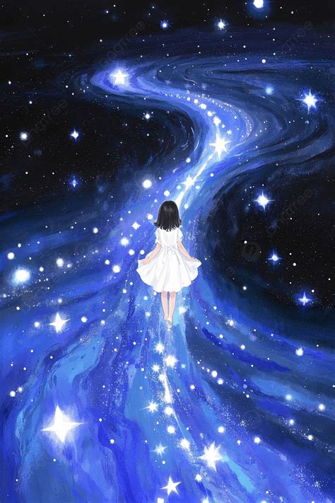 illustrazione di una figura fiabesca che cammina sotto un cielo stellato