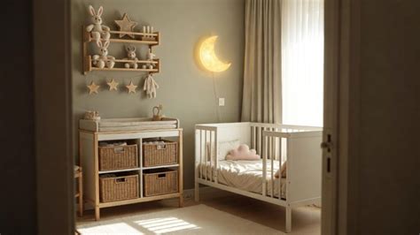 Cameretta neonato accogliente con lettino in legno e decorazioni minimaliste