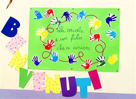 Aula della scuola dell'infanzia decorata con cartelloni colorati e accoglienti