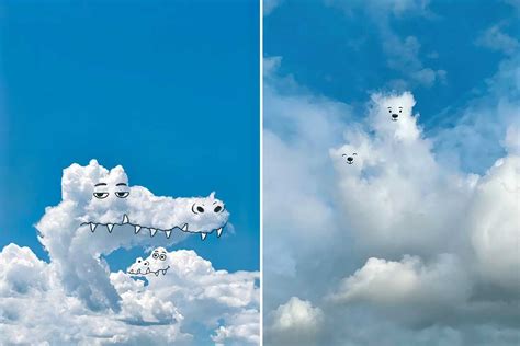 illustrazione poetica di nuvole che assumono forme di animali nel cielo azzurro