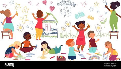 Illustrazione colorata di bambini che giocano insieme a scuola con libri e strumenti musicali