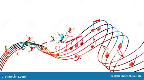 Illustrazione di una partitura musicale stilizzata con note colorate e figure di bambini che cantano