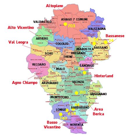 Mappa della Provincia di Vicenza con i comuni e le distanze principali