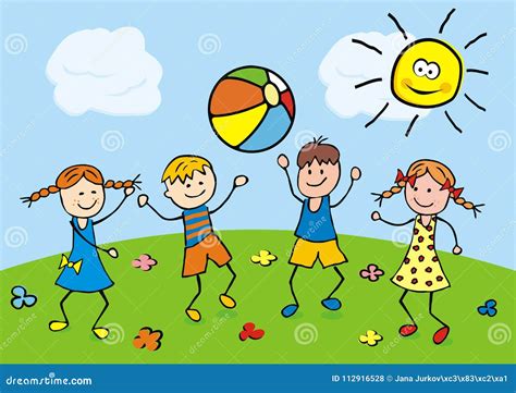 Bambini che giocano in un prato con vestiti colorati.