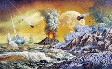 Rappresentazione artistica della Terra primordiale con vulcani e fulmini