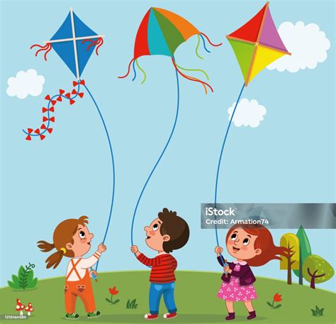 Bambini che giocano con aquiloni in primavera